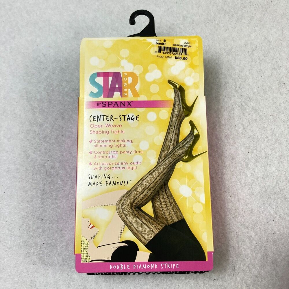 Star‎ Power By Spanx Women Size B Shaping Tights Black Open Weave Diamond Stripe